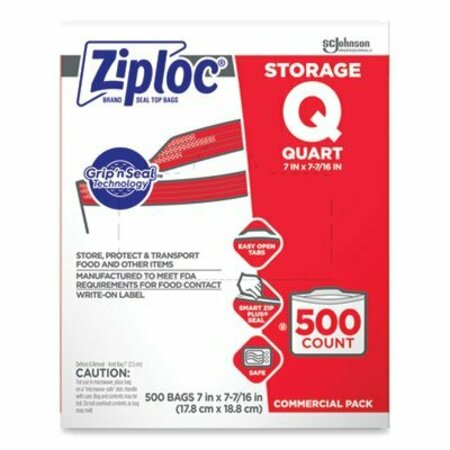 SC JOHNSON Ziploc, DOUBLE ZIPPER STORAGE BAGS, 1 QT, 1.75 MIL, 7in X 7.75in, CLEAR, 500/BOX 682256